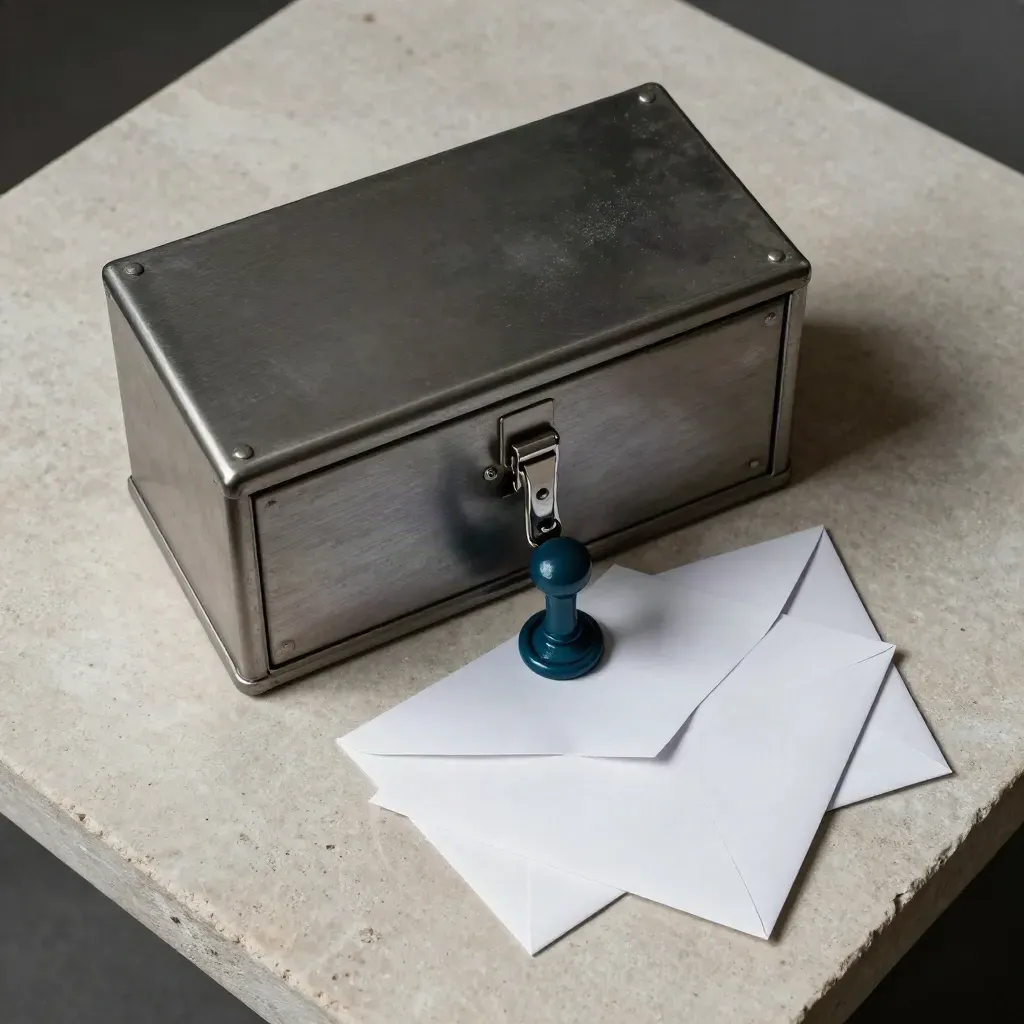 Coffret de vote municipal, sceau de cire teal et enveloppes sur pierre claire.
