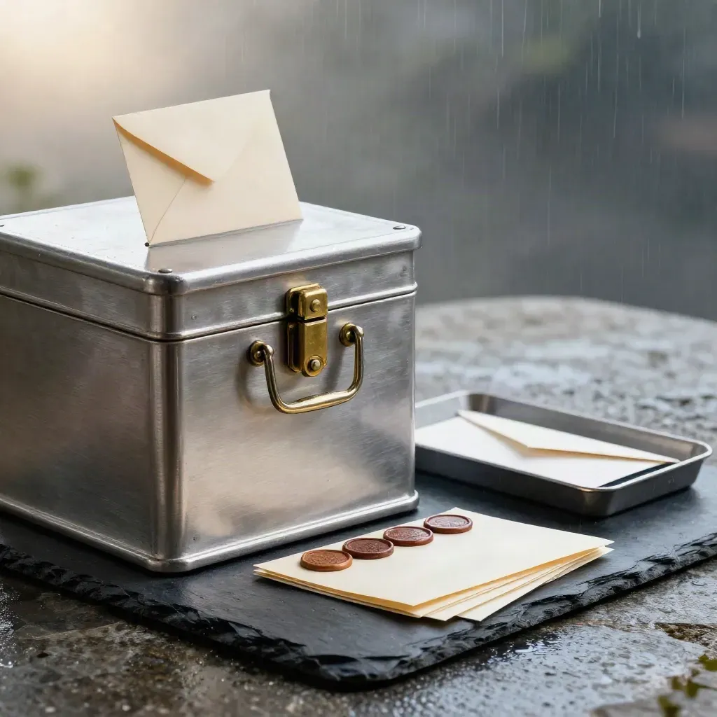 Urne électorale en aluminium brossé avec enveloppe, sceaux et bulletins sur socle en ardoise.