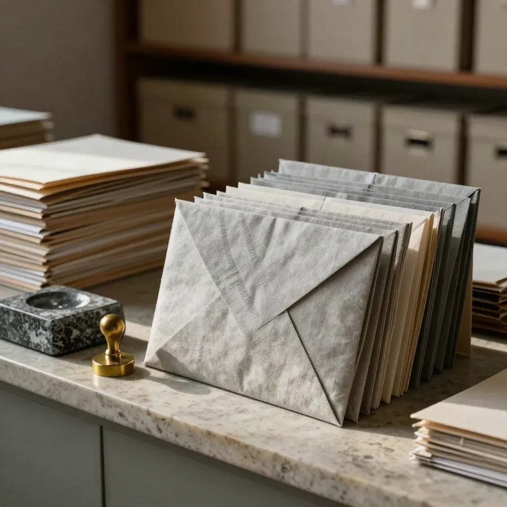 Enveloppes en lin, poids en pierre et tampon en laiton dans un bureau de fondation.