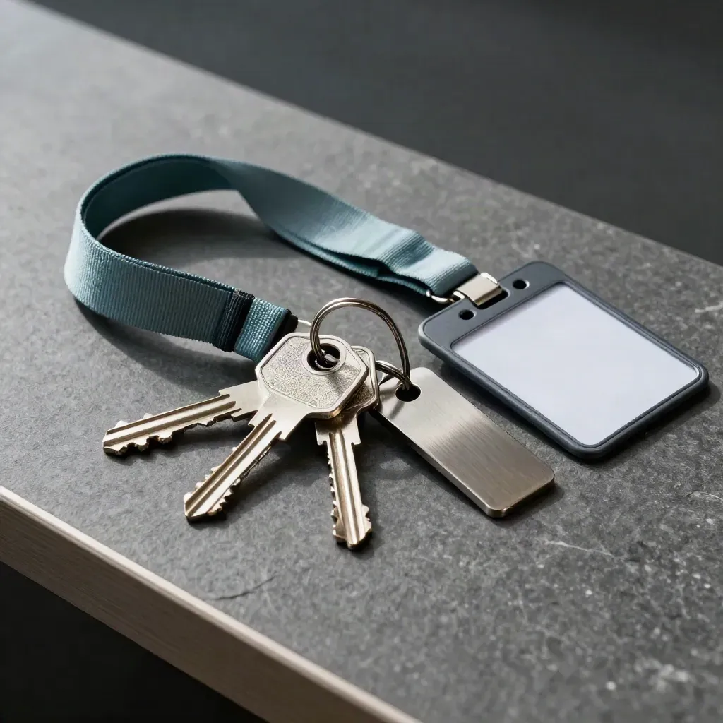 Gros plan diagonal d’un trousseau, d’un lanyard plié et d’un jeton campus en métal brossé.