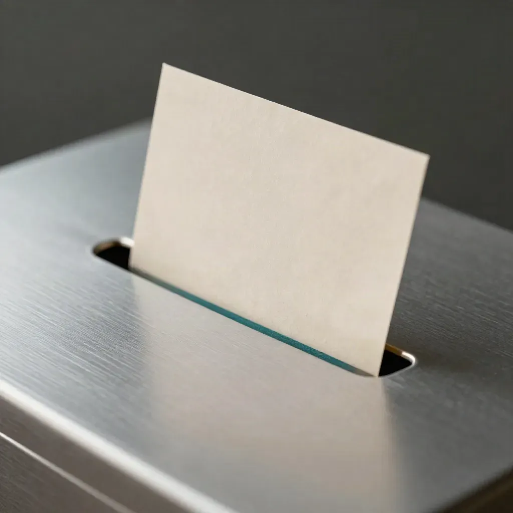 Gros plan d’une fente de boîte à bulletins en aluminium, avec deux bulletins pliés et un scellé métallique.