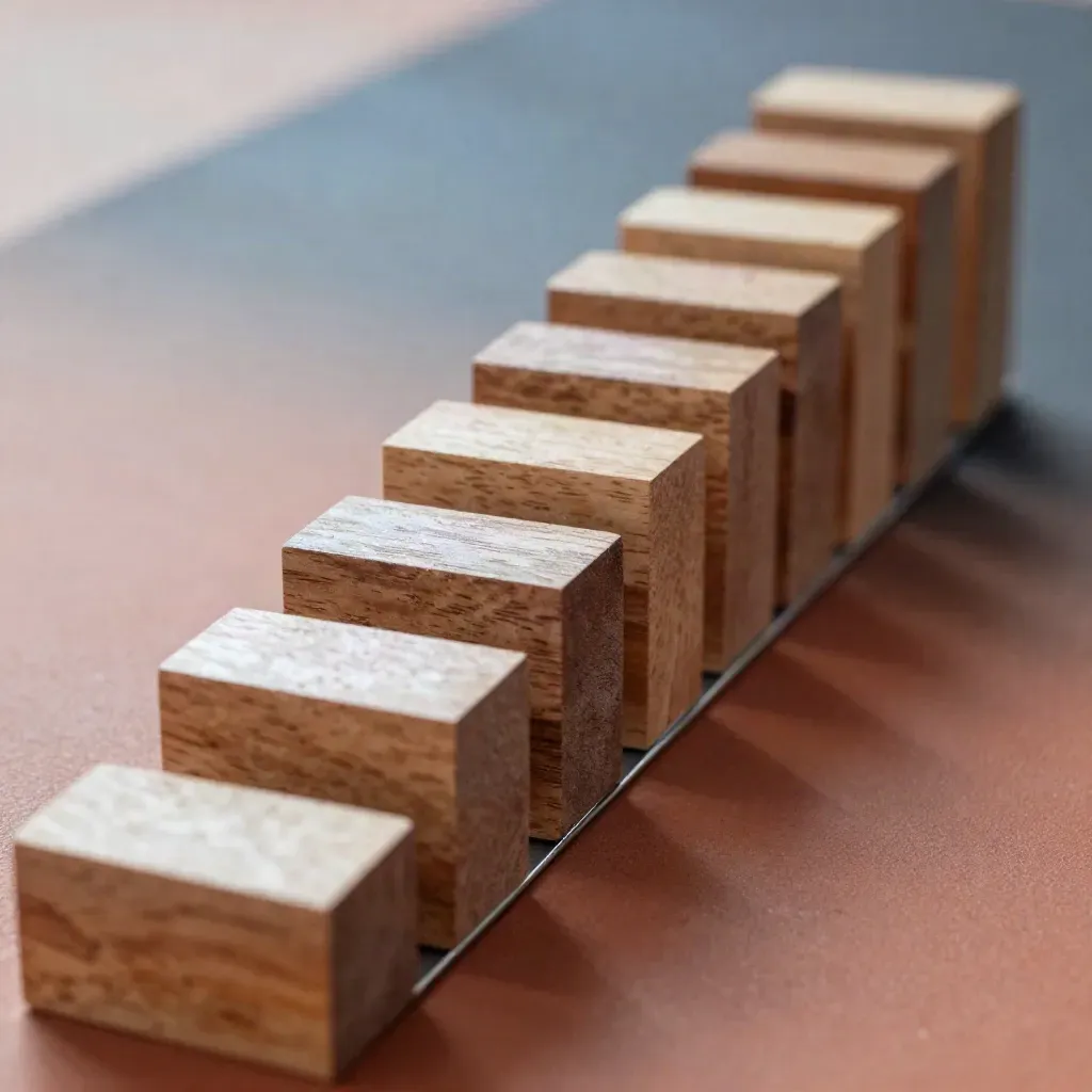 Blocs de bois empilés et séparateur en acier sur surface minérale, lumière rasante.