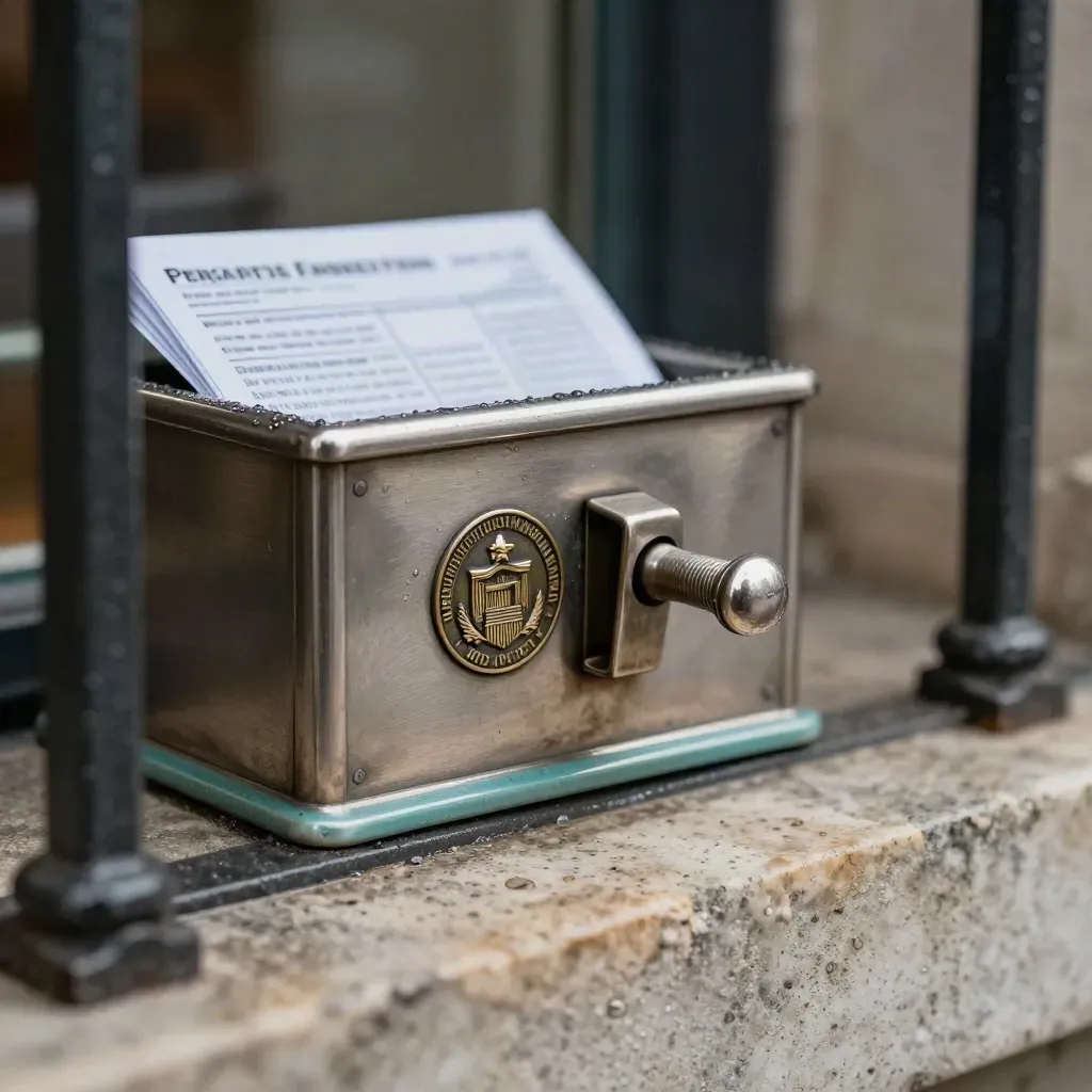 Gros plan d’un loquet de boîte de vote, d’un sceau civique et de bulletins pliés derrière une grille floue.