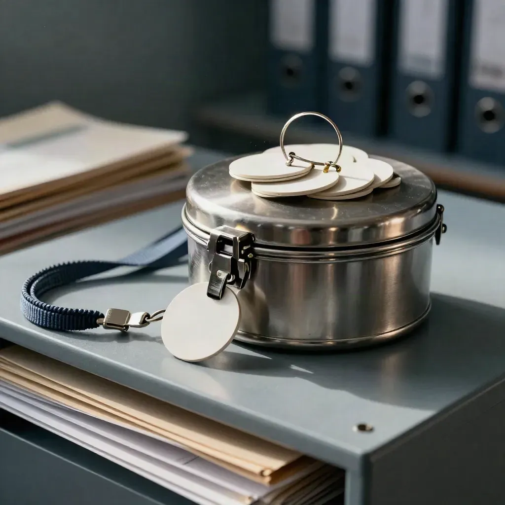 Urne de vote portable avec jetons d’adhésion et lanières d’association sur un comptoir gris.