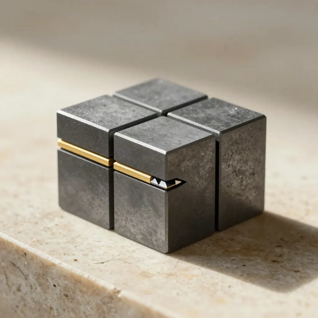Blocs graphite à queue d’aronde et entretoise dorée sur pierre claire.