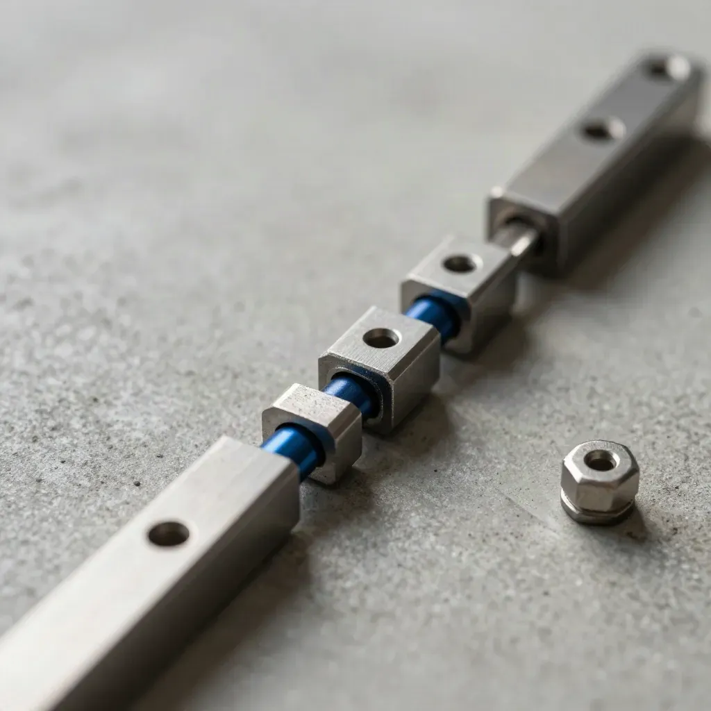 Gros plan de pièces métalliques d’assemblage sur béton gris, lumière rasante, accent bleu nuit.