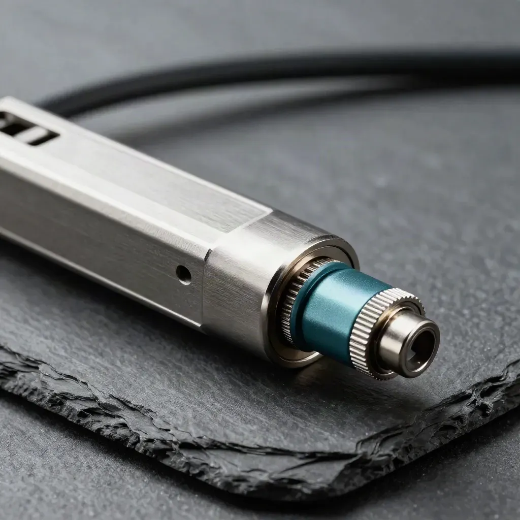 Connecteurs métalliques en gros plan sur pierre, avec boucle de câble et accent teal discret.