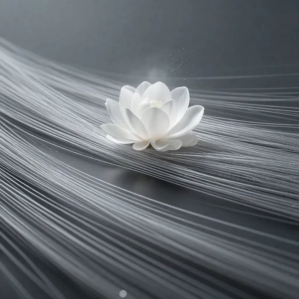 Filaments d’argent convergeant dans une brume graphite, avec un halo blanc décentré.