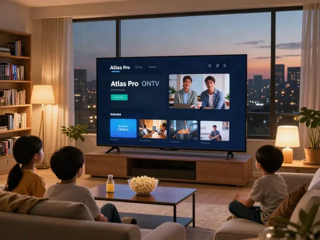 Famille profitant de l'application Atlas Pro ONTV dans un salon moderne et confortable.
