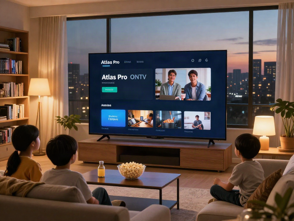 Famille profitant de l'application Atlas Pro ONTV dans un salon moderne et confortable.
